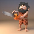 3d savage stone age caveman in animal pelt holding a chainsaw, 3d illustration