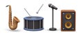 3D saxophone, drum with sticks, microphone on stand, large speaker