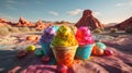 3D scene of colorful ice creams set against a stunning desert backdrop Royalty Free Stock Photo