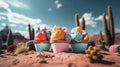 3D scene of colorful ice creams set against a stunning desert backdrop Royalty Free Stock Photo