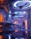 A 3D scene of a futuristic neon hospital with medical drones and holographic health monitoring systems