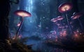 3D scene with glowing bioluminescent mushrooms in an otherworldly fairy tale forest