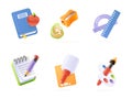 3d school stationery. Render study elements for student education equipment or office writing tools, glue isolated item