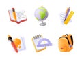 3d school supplies. Render studying tools, childish schools student or office stationery notebook pencil eraser pen