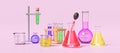 3d science experiment kit with beaker, test tube isolated on pink background. room online innovative education concept, 3d render Royalty Free Stock Photo