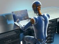 A 3D scientific illustration featuring a humanoid robot engaged in studying a geography map on a laptop Royalty Free Stock Photo