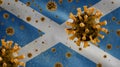 3D, Scottish flag waving with Coronavirus outbreak. Scotland Covid 19