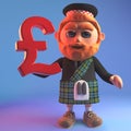 3d Scottish man in tartan kilt and sporran holding a pounds currency symbol, 3d illustration