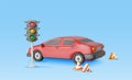 3D Sedan Car with Traffic Cones and Traffic Lights