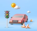 3D Sedan Car with Traffic Cones and Traffic Lights