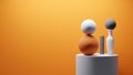 3d selection of spheres and random objects on pedestal in front of orange wall