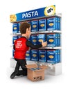3d seller arranging packs of pasta in supermarket shelve