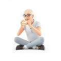 3d senior man eating sandwich sitting on floor