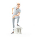 3d senior man foot on bank building icon Royalty Free Stock Photo