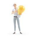 3d senior man pointing at big light bulb