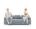 3d senior man and woman sitting on sofa and looking each other