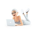 3d senior woman working on laptop and lying down on floor