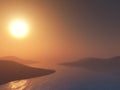 3D serene sunset landscape with mountains in lake