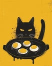 2d serious cat looking at fried eggs in the pan. Flat doodle. Sunny side up. Vertical illustration Royalty Free Stock Photo
