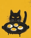 2d serious cat looking at fried eggs in the pan. Flat doodle. Sunny side up. Vertical illustration