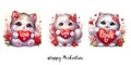 3D Set of Baby Fluffy Cat cartoon holding a Valentine Love you red heart with flowers. Royalty Free Stock Photo