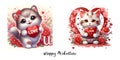 3D Set of Baby Fluffy Cat cartoon holding a Valentine Love you red heart with flowers. Royalty Free Stock Photo