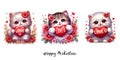 3D Set of Baby Fluffy Cat cartoon holding a Valentine Love you red heart with flowers. Royalty Free Stock Photo