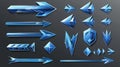 3D set of blue arrow cursors isolated on transparent background. Modern illustration of glossy direction pointer top