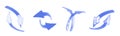 3d set of blue curve arrow isolated render icon. Two circular arrows up and down, left and right different angles view