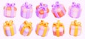 3d set of closed gift boxes with gold and purple ribbon bows. Isolated color packages on white background. Holiday Royalty Free Stock Photo