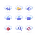 3D Set of Cloud Computing icons. Download, upload, synchronization, safety, search, important notice concept. Royalty Free Stock Photo