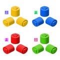 3d set of colored constructor kit in isometry. Small tall cylindrical elements. Vector illustration