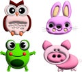 3D Set of Cute Animals Like an Owl, a Pig, a Bunny