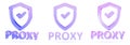 3d set of glass holographic security shield with check mark and proxy server icon render. Data encryption, hide IP address, secure Royalty Free Stock Photo