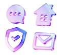 3d set of glass holographic transparent ui icon. Render crystal gradient symbols of email envelope, shield with tick