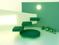 3D Set of green array podiums with lightning and abstract art objects. Royalty Free Stock Photo
