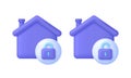 3D Set of house protection illustration. Open and closed padlock. Home protection concept. Apartment smart guard