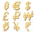 3d Set Of Nine Golden Shiny Currency Symbol Icons Isolated On White Background, 3d Illustration