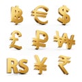 3d Set Of Nine Golden Shiny Currency Symbol Icons Isolated On White Background, 3d Illustration