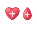 3D Set of Red heart and Blood droplet with medical cross symbol. Medicine, donation, healthcare concept.