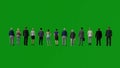 3D of several Asian, Korean and Japanese men and women on green background screen waiting to enter the store in line 4k