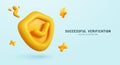 3D Shield Check Icon Representing Warranty, Security, and Safety in Glossy Yellow Style on Blue Background, Perfect for