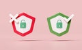 3d shield check and shield insecure with cross check mark, padlock, key isolated on pink background. Internet security or privacy