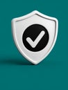 3D shield with checkmark symbol on teal background. Royalty Free Stock Photo
