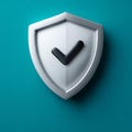 3D shield with checkmark on teal background symbolizing security. Royalty Free Stock Photo