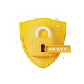 3D shield icon render, lock password secure concept, secret personal data authentication protection.