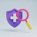 3D Shield Icon with White Cross and Pink Magnifying Glass protection security Royalty Free Stock Photo