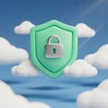 3D Shield with Padlock Symbol Floating Among Clouds security protection Royalty Free Stock Photo