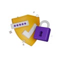 3D shield secure icon, authentication lock password render concept, secret personal data protection.