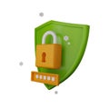 3D shield secure icon, authentication render lock password concept, secret personal data protection.